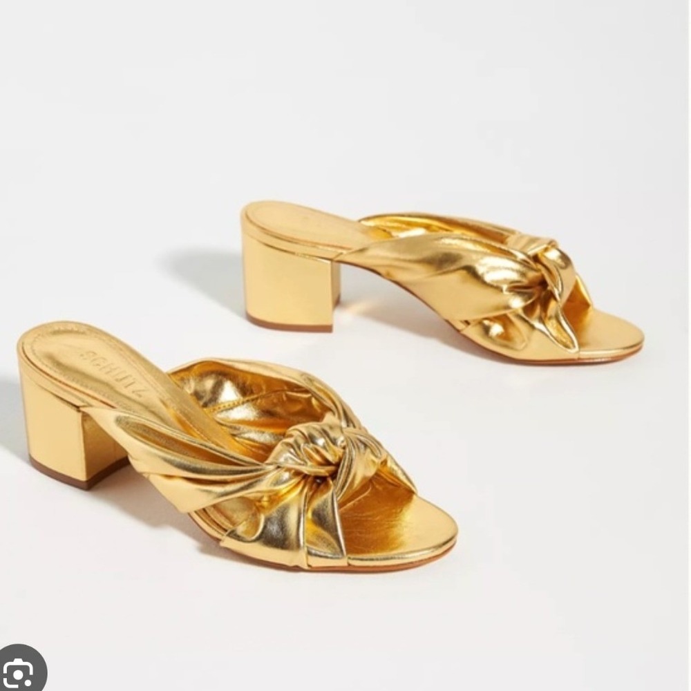 Schutz NEW Mindy Mid Block Metallic Gold Leather Knotted Slide Sandals- 8B